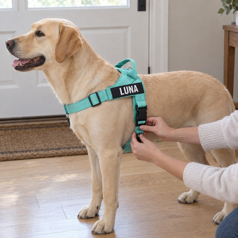 Hands clicking the side buckle shut on a yellow Labrador's mint hale&hound harness