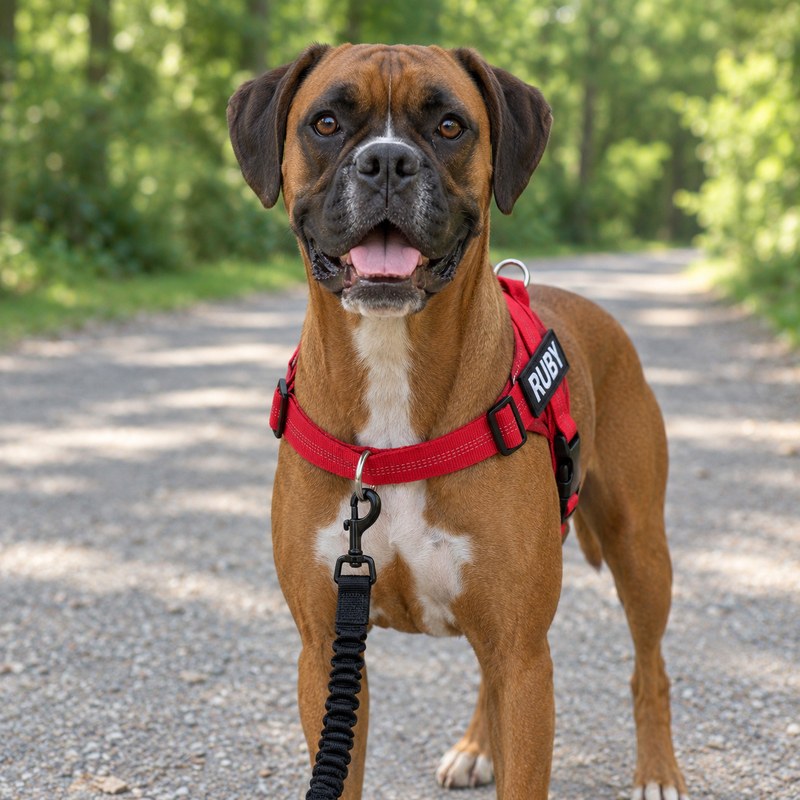 A Boxer facing the camera in a red harness, the chest strap low on his breastbone and his neck free