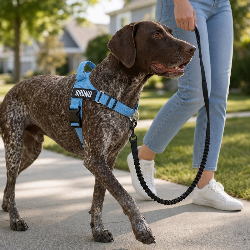 A German Shorthaired Pointer in a sky blue harness walking beside his owner on a loose bungee lead