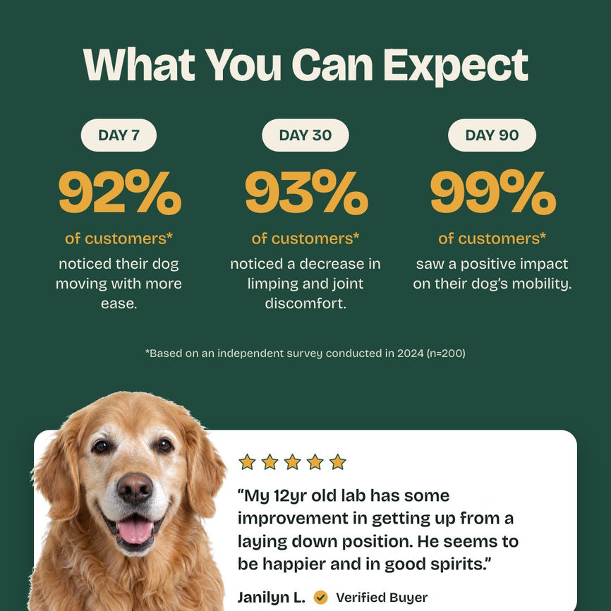 What you can expect. By day 7, 92% of customers noticed their dog moving with more ease. By day 30, 93% noticed a decrease in limping and joint discomfort. By day 90, 99% saw a positive impact on their dog’s mobility.