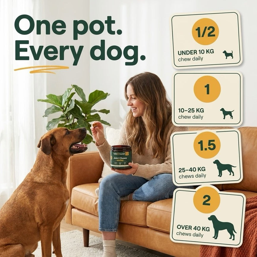 One pot, every dog: half a chew daily under 10 kg, one chew for 10 to 25 kg, one and a half for 25 to 40 kg, two chews over 40 kg.